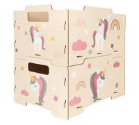 DALBER Caja Almacenaje Madera Infantil, Pack 2 Cajas Organizadoras Juguetes, Apilables con Asas y Reversibles, Almacenamiento Habitación Niños, Unicors, Unicornios, Animales, Rosa.