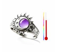 DALEGEM Anillo redondo que cambia de color con control de temperatura, chapado en plata, diseño de sol, luna y estrella, joyería bohemia para mujer, ajustable, Plata de ley, Obsidiana