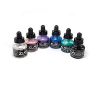 Daler Rowney FW, Tinta acrílica, Botella de cristal con pipeta, 29,5ml + 1 FW Rotulador Vacío, Caja de cartón, Set efectos nacarados, 6 colores surtidos