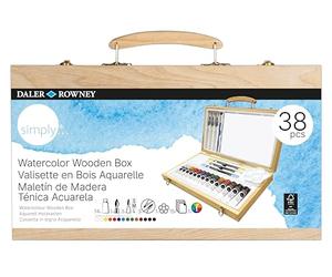 Daler-Rowney Simply Pintura de acuarela, Set de acuarelas, Maletín de madera, Artistas principiantes y aficionados, 38 piezas