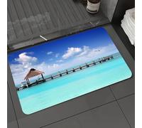 DALEXHM Alfombrilla de baño de microfibra Alfombrilla para pies Alfombra de baño Super Absorbente Alfombra de baño,Paisaje tropical con nubes y pájaros en un muelle de madera, bungalow solita,60x100cm