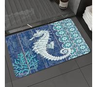 DALEXHM Alfombrilla de baño de microfibra Alfombrilla para pies Alfombra de baño Super Absorbente Alfombra de baño,Arte náutico, elegante caballito de mar sobre fondo azul con complejos patro,60x100cm