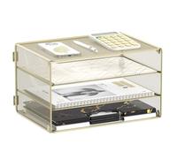 DALTACK Bandeja organizadora de papel de 3 niveles, organizador de archivos de escritorio de malla metálica para el hogar y la oficina, amarillo dorado