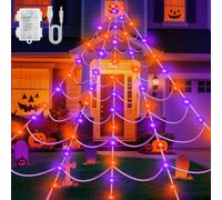 Dalugo Guirnalda de luces de telaraña para Halloween, 6 x 5 m, triángulos gigantes, telaraña, decoración blanca, 8 modos, cadena de luces con pilas, color lila y naranja con cable USB de 3 m, para