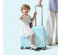 Dalumian Maleta con asiento para niños - Maleta de cabina rígida, ligera y adorable, con ruedas y asa telescópica; ideal para viajes y excursiones de estudio(Cyan-blue,20")