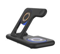 DAM Base de Carga Plegable 5 en 1. Base Magsafe 15W Ajustable, Cargador de Apple Watch y Base Qi. con luz de Noche táctil. Función Stand. 18,5x13,5x12 Cm. Color: Negro