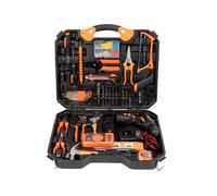 DAM Juego de herramientas con maletín, taladro eléctrico de doble velocidad, doble batería de 16.8 V 1300mAh y 120 piezas.. Naranja