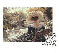 Dama Vintage Junto al Lago Puzzle de 1000 Piezas Papel para Adultos Escena Rural Juego de Puzzle 1000 Piezas Relajación Hogar Regalo 70x50cm/1000pcs