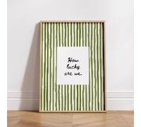 DAMAIART Cuadro decorativo moderno con estampado de rayas verde oliva y la frase ¿Qué suerte tenemos? para dormitorio (20x30 cm/marco interior).