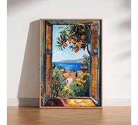 DAMAIART Lienzo impreso con ventana abierta, mar Mediterráneo, naranjo, vista costera, póster para decoración de sala de estar (70 x 100 cm/sin marco)