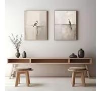 DAMAIART Set of 2 Japandi Neutral Beige Wabi Sabi Wall Art Poster, Scandinavian Bird Canvas Poster for Living Room Decortions(70x100cmx2/Canvas Wrapped)