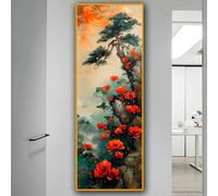 DAMAIART Vintage Floral Wall Art Red Vertical Canvas Painting Pine Tree Poster Print For Office Living Room Abstract Home Decor(20x60cm/Inner Frame)
