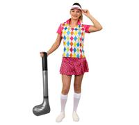 Damas disfraz de golfista de fantasía - UK 10/12 - falda con estampado de argyll rosa, visera, club de golf inflable, pub, fiesta de despedida de soltera