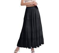 Damas Gasa Blanca Fluyendo Maxi Faldas Boho Verano Elástico Cintura Plisada Una Línea Falda Larga Para Mujeres, Negro , 3XL