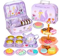Damcyer Juego de té Infantil, 33 PCS Juego de té para Niños con Bandeja de Postres y Comida, Accesorios de Cocina para Niños y Niñas para Niña 3 4 5 6 7 Años, Zorro