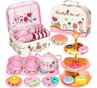 Damcyer Juego de té Infantil, 33 PCS Juego de té para Niños y Niñas con Bandeja de Postres y Comida, Accesorios de Cocina para Niños y Niñas para Niña 3 4 5 6 7 Años, Flor Rosa