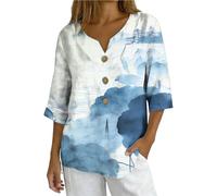 Damen 3/4 Ärmel Baumwolle Leinenbluse Elegant Musselin Bluse 3D bedrucken Langarmshirt V-Ausschnitt Leinen Shirt mit Knöpfe Locker Tops leichte Langarm Tshirt Dünne Blusenshirt Sommer Top, #13
