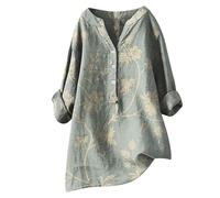 Damen Blumendruck -Ausschnitt Langarm Bequemes lockeres Hemd Top, Light Grün, XXXL