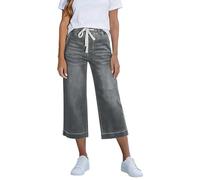 Damen Caprihose in Denim Optik, verkürzte 7/8 Länge, elastischer Bund, gerades Bein, leichte Denim Optik, für Freizeit, Reise und Warme Tage, Bequem kombinierbar, Leichter Alltagstil, gris, XL