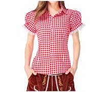 Damen Dirndl Bluse Kurzarm Oktoberfest Kariert mit Schnürung Rot Weiss Kariert Trachten Bluse Tailliert Festlich Traditionell für Volksfeste besondere Anlässe bayerische Trachtenmode, Rojo2, M
