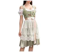 Damen Dirndl Grün Damen Dirndlkleid Lang Trachtkleid 3 Teilig mit Spitzenschürze und Dirndlbluse Mode Geblümt Tracht Kostüm Dirndlkleider Vollsets Dirndelkleider Trachtenrock für Oktoberfest
