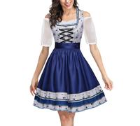 Damen Dirndl Lang Blau Trachtkleid Modern Dirndlkleid inkl. Dirndlbluse Dirndlschürze 3 Teilig Dirndlkleider Modern Trachten Kleid Bayerisches Tracht Outfit Elegant Trachtenmode für Oktoberfest