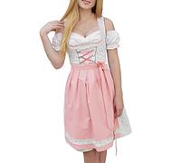 Damen Dirndl Lang Trachtkleid Rosa Dirndlkleid inkl. Dirndlbluse Dirndlschürze 3 Teilig Dirndlkleider Modern Trachten Kleid Bayerisches Tracht Outfit Elegant Trachtenmode für Oktoberfest