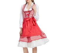Damen Dirndl Lang Trachtkleid Rot Dirndlkleid inkl. Dirndlbluse Dirndlschürze 3 Teilig Dirndlkleider Modern Trachten Kleid Bayerisches Tracht Outfit Elegant Trachtenmode für Oktoberfest