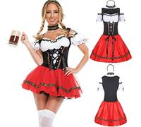 Damen Dirndl Mini Trachtkleid Sexy Dirndlkleid Rot Mode Trachtkleider Tracht Dresses Trachtenrock Trachten Kleidung für Oktoberfest Outfit Bayerisches Trachtenmode