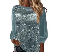 Damen Frühling Sommer Europa und Die Vereinigten Staaten Rundhals Pullover Top Perlennähte Mode Ärmel Shirt, gris, XXXL