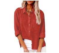 Damen Frühling und Sommer Einfarbiges Revers Langarmhemd mit Taschen und Seitenschlitzen Freizeithemd, Kaffee, XL