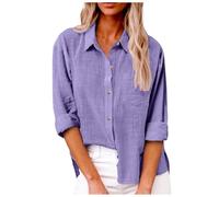Damen Frühling und Sommer Einfarbiges Revers Langarmhemd mit Taschen und Seitenschlitzen Freizeithemd, Azul marino, XL