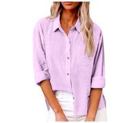 Damen Frühling und Sommer Einfarbiges Revers Langarmhemd mit Taschen und Seitenschlitzen Freizeithemd, Rosa, L