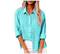 Damen Frühling und Sommer Einfarbiges Revers Langarmhemd mit Taschen und Seitenschlitzen Freizeithemd, Himmelblau, M