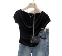 Damen für Slim Fit T-Shirt Design-Kragen Kurzarm Spice Girls Stil Waist Shaping Streetwear Casual Oberteil Einfarbig für Büro und Alltag Figurbetontes Oberteil(S Black)