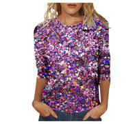 Damen Halloween T Shirt Rundhals Langarmshirt Baumwolle Sweatshirt Casual Longshirt Glitzer Pailletten Print 3/4 Arm T-Shirt Lässiges Party Oberteil bunt Regenbogen Tunika Party Karneval Glitzer Top