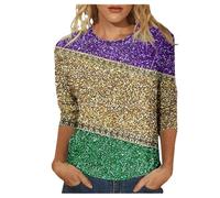 Damen Halloween T Shirt Rundhals Langarmshirt Baumwolle Sweatshirt Casual Longshirt Glitzer Pailletten Print 3/4 Arm T-Shirt Lässiges Party Oberteil bunt Regenbogen Tunika Party Karneval Glitzer Top