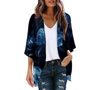 Damen Kurz - Cardigan Strickjacke Sommer Jäckchen Bolerojacke 3/4 Ärmel Festlich Freizeitjacke Shrug Top Leichte Schulterjacke Festliche Transparente Strickjacke Lang Dünne Jacke, R Blau, M