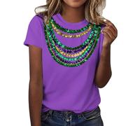Damen Lila Kurzarm T-Shirt Karneval Perlenkette Print Tshirt Lila Grün Gold Fasching Tunika Party Oberteil Halloween Kostüm Oktoberfest Sportshirt Festival Outfit Sommerurlaub Strand Tops, 01-morado