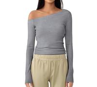 Damen Off-Shoulder Top Langarmshirts Enganliegende Aushoberteile T-Shirts Outfits Modische Damen Langarm Shirts Bauchfrei Cropped Slim Fit Tops Tee Einfarbige Basic Crop Tops, gris, S