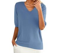 Damen Pulli Pullover V-Ausschnitt Elegant - T-Shirt Damen Baumwolle Kurzarm Basic Kurzarmpullover Lang Tshirt Oversize Stricktop Sommer Shirts atmungsaktiv Strickshirt Locker Sommerbluse Oberteil