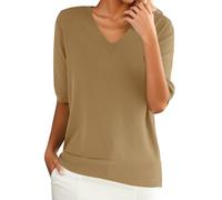 Damen Pulli Pullover V-Ausschnitt Elegant - T-Shirt Damen Baumwolle Kurzarm Basic Kurzarmpullover Lang Tshirt Oversize Stricktop Sommer Shirts atmungsaktiv Strickshirt Locker Sommerbluse Oberteil