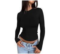 Damen Slim Tops Langarm Rundhals Crop Top T-Shirt Basic Einfarbig Enganliegend Slim Fit Cropped Shirt Workout Yoga Langarmshirts Crop Tops Basic Slim Fit Shirts, Negro , S