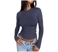 Damen Slim Tops Langarm Rundhals Crop Top T-Shirt Basic Einfarbig Enganliegend Slim Fit Cropped Shirt Workout Yoga Langarmshirts Crop Tops Basic Slim Fit Shirts, azul, S