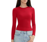 Damen Slim Tops Langarm Rundhals Crop Top T-Shirt Basic Einfarbig Enganliegend Slim Fit Kurzes Shirt Workout Yoga, rojo, XL