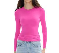 Damen Slim Tops Langarm Rundhals Crop Top T-Shirt Basic Einfarbig Enganliegend Slim Fit Kurzes Shirt Workout Yoga, Rosa intenso., M