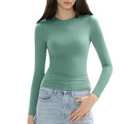 Damen Slim Tops Langarm Rundhals Crop Top T-Shirt Basic Einfarbig Enganliegend Slim Fit Kurzes Shirt Workout Yoga, verde, L