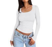 Damen Slim Tops Langarm Rundhals Crop Top T-Shirt Basic Solid Tight Slim Fit Cropped Shirt Workout Yoga Langarmshirts Crop Tops Basic Slim Fit T-Shirts, Blanco, XS