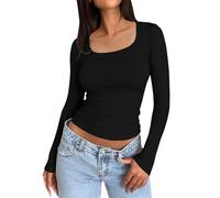 Damen Slim Tops Langarm Rundhals Crop Top T-Shirt Basic Solid Tight Slim Fit Cropped Shirt Workout Yoga Langarmshirts Crop Tops Basic Slim Fit T-Shirts, Negro , S