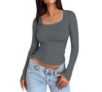 Damen Slim Tops Langarm Rundhals Crop Top T-Shirt Basic Solid Tight Slim Fit Cropped Shirt Workout Yoga Langarmshirts Crop Tops Basic Slim Fit T-Shirts Kurzpullover Damen, gris oscuro, M